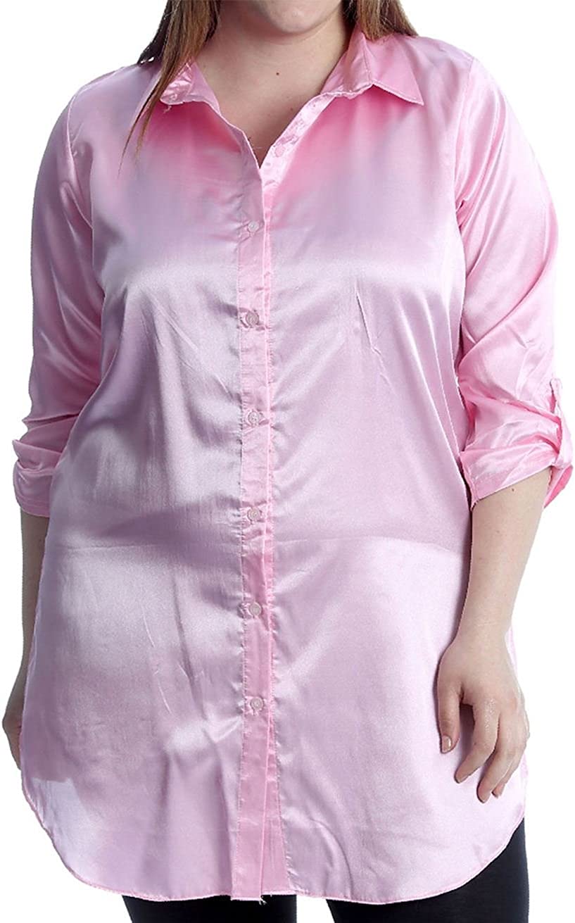 Womens Satin Button Long Sleeve Collared Shirt Ladies Plus Size Party Wear Top UK 14-28