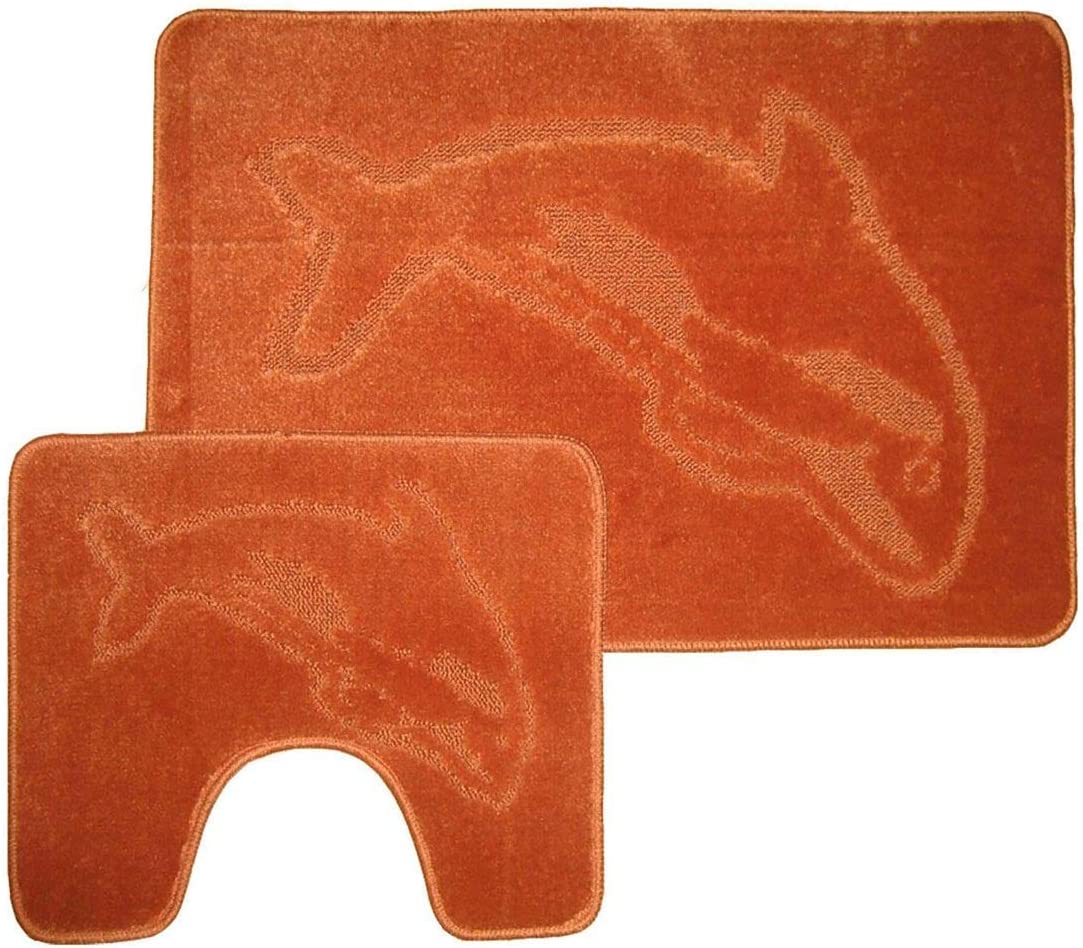 Comfortable Fancy Soft 2 Pieces Washable Non Slip Dolphin Design Pedestal Mat And Bath Mat Set Burgendy One Size