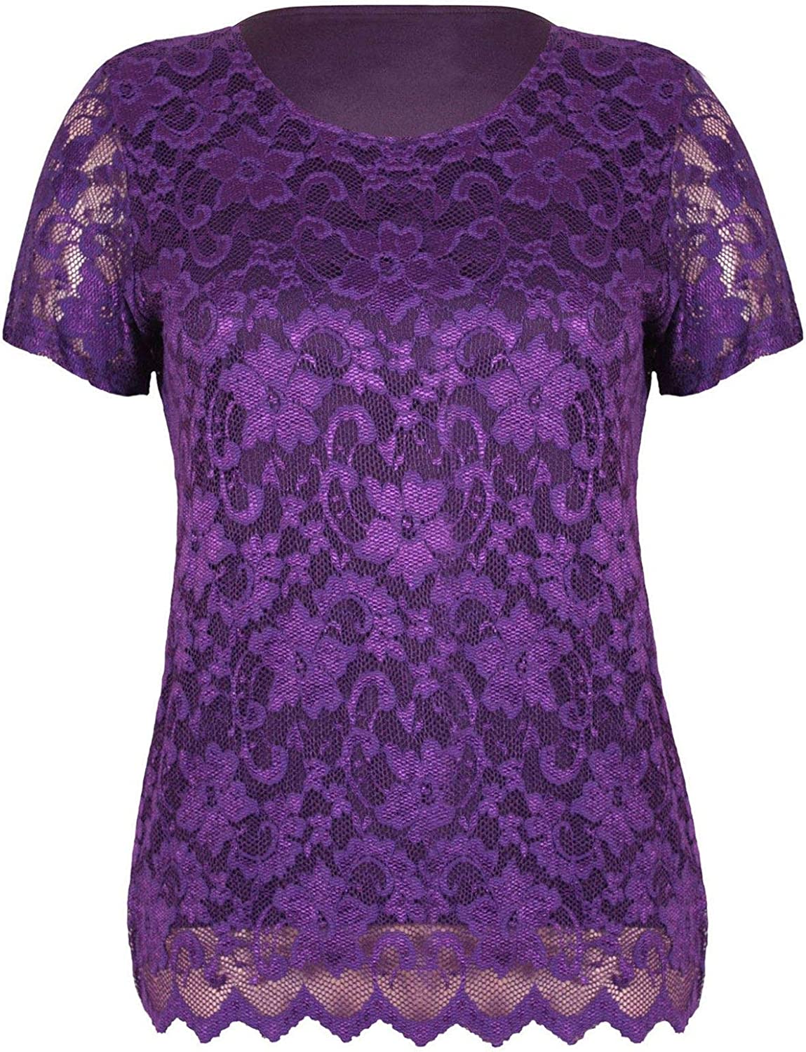 Ladies Short Sleeve Floral Lace Blouse Womens Fancy Stretchy Party T Shirt Top