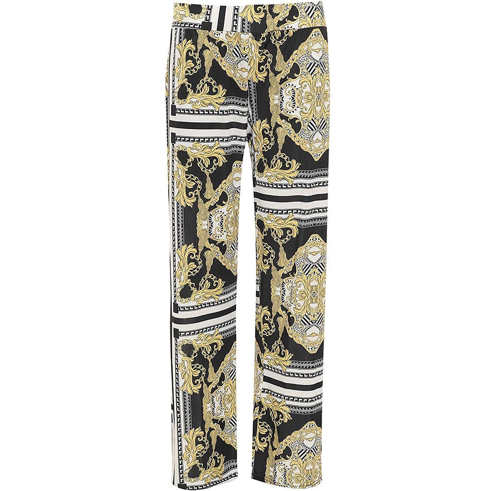 Womens Baroque Scarf Print Flared Palazzo Ladies Summer Casual Trouser Pants UK 14-28