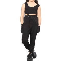 Girls Sleeveless Crop Top Full Length Cargo Joggers Workout Activewear Tracksuit Black