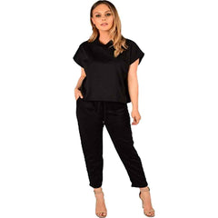Womens Short Sleeve Two Piece Co ord Loungewear Boxy Tracksuit Set Black
