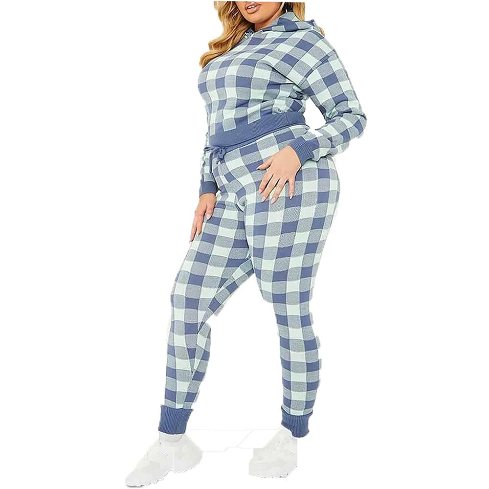 Womens 2 Pcs Long Sleeve Check Knitted Hoodie Trouser Tracksuits Loungewear
