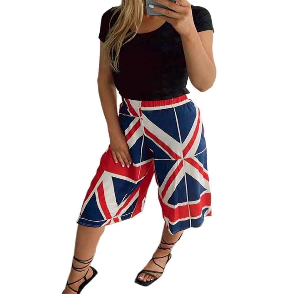 Womens Wide Leg British Flag Printed Culottes Ladies Flared 3/4 Length Shorts Trouser