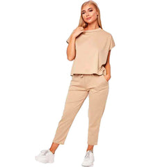 Womens Short Sleeve Two Piece Co ord Loungewear Boxy Tracksuit Set Camel