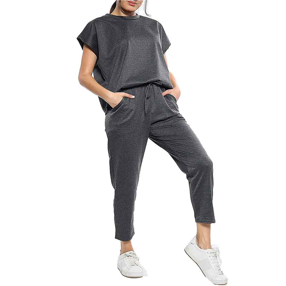Womens Short Sleeve Two Piece Co ord Loungewear Boxy Tracksuit Set Charcoal