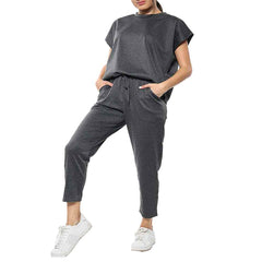 Womens Short Sleeve Two Piece Co ord Loungewear Boxy Tracksuit Set Charcoal