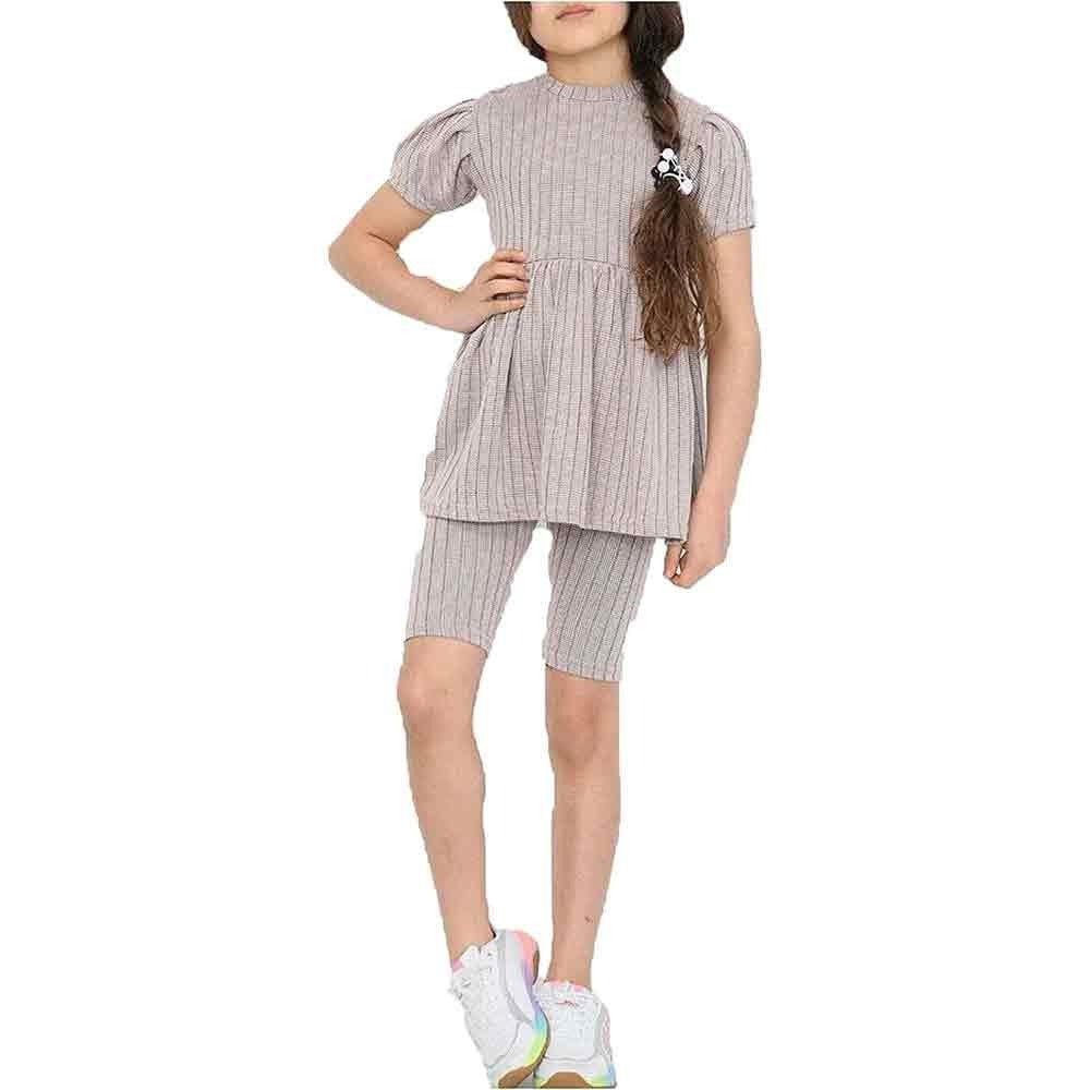 Kids Puff Sleeve Frill Pleated Top Shorts Set Girls Summer Loungewear Tracksuit Beige