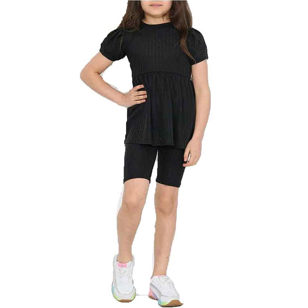 Kids Puff Sleeve Frill Pleated Top Shorts Set Girls Summer Loungewear Tracksuit Black