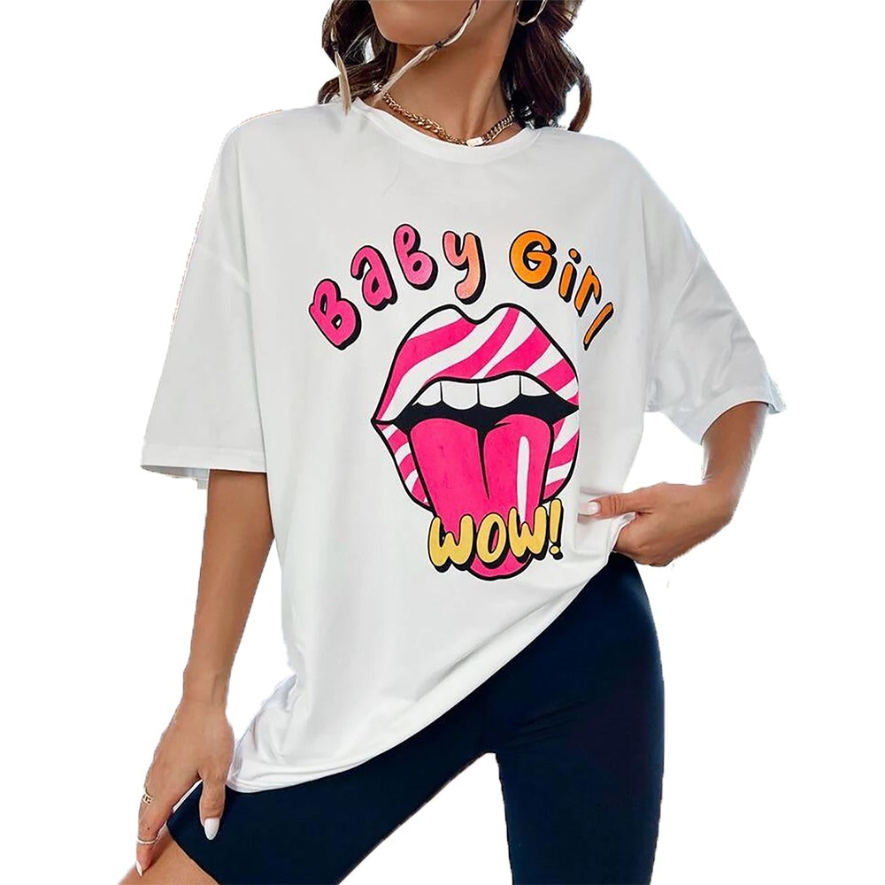 Womens Short Sleeve Baby Girl Lips Printed Oversized T Shirt Baggy Pullover Top