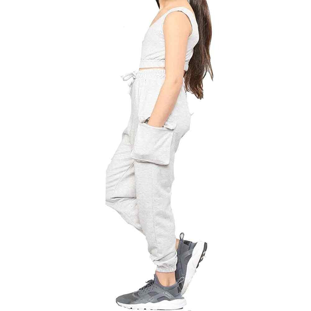Girls Sleeveless Crop Top Full Length Cargo Joggers Workout Activewear Tracksuit Grey