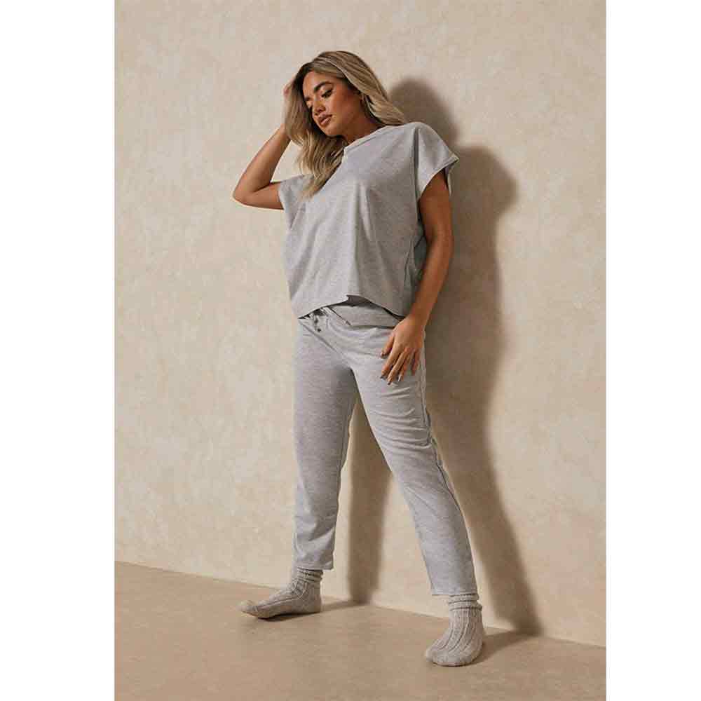 Womens Short Sleeve Two Piece Co ord Loungewear Boxy Tracksuit Set Grey