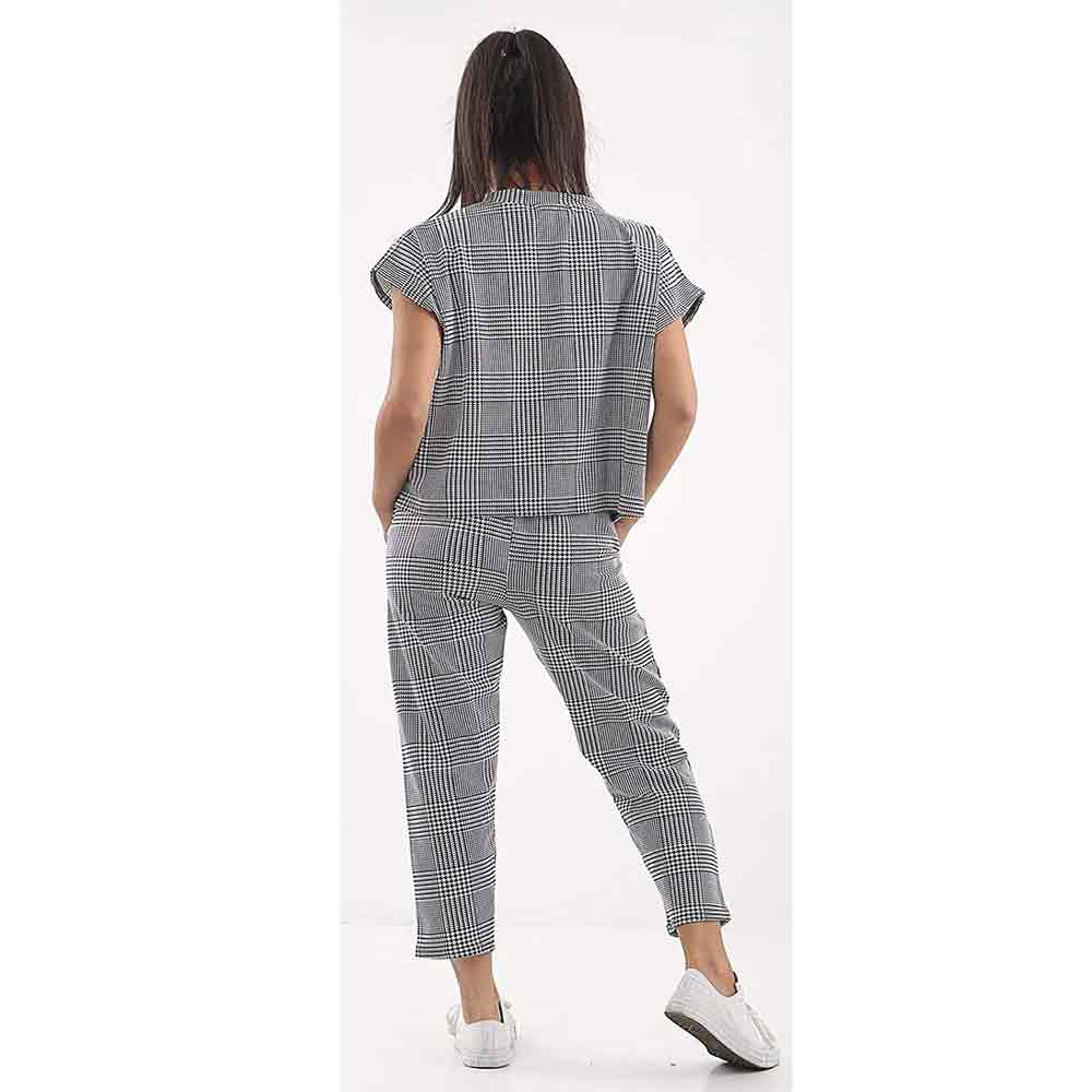 Womens Short Sleeve Two Piece Co ord Loungewear Boxy Tracksuit Set Mono Check
