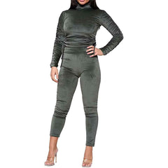 Womens Side Ruched Velour Co Ord Set Tops And Bottoms Loungewear Tracksuits Black