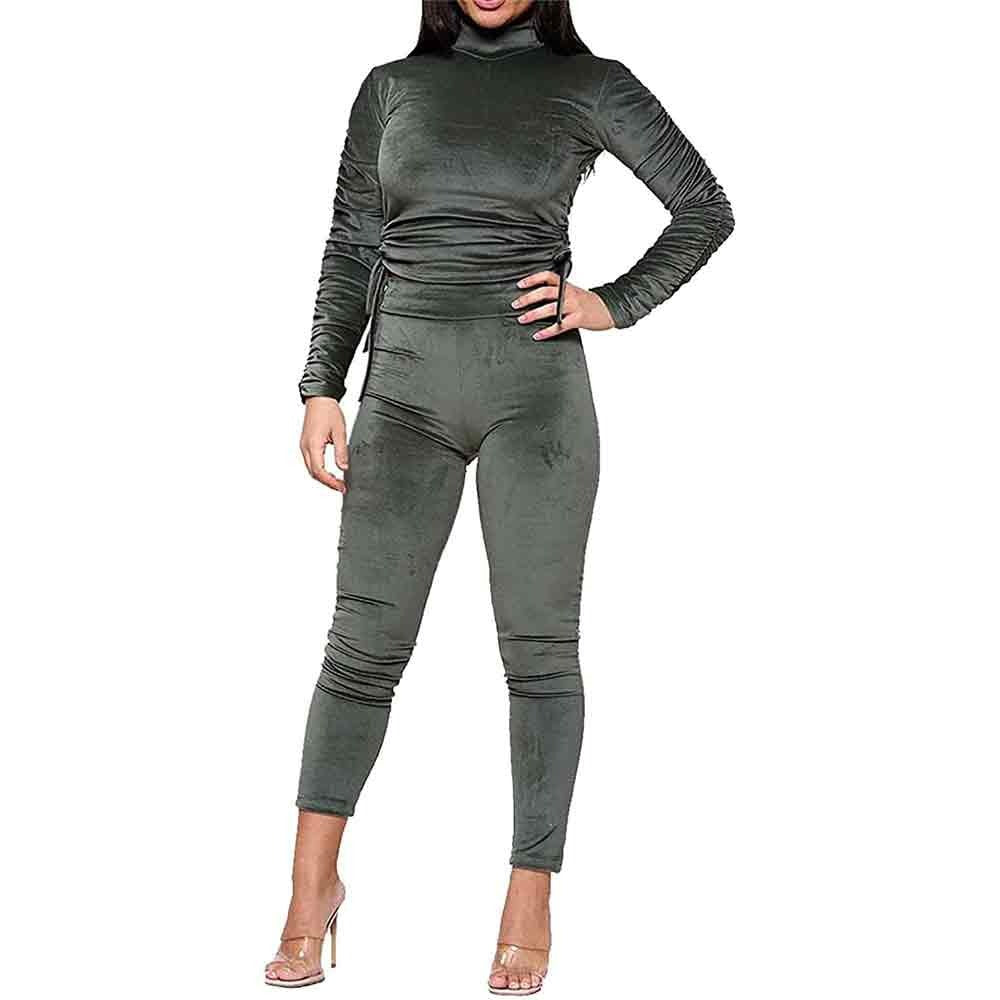 Womens Side Ruched Velour Co Ord Set Tops And Bottoms Loungewear Tracksuits Khaki