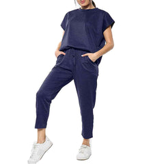 Womens Short Sleeve Two Piece Co ord Loungewear Boxy Tracksuit Set Navy