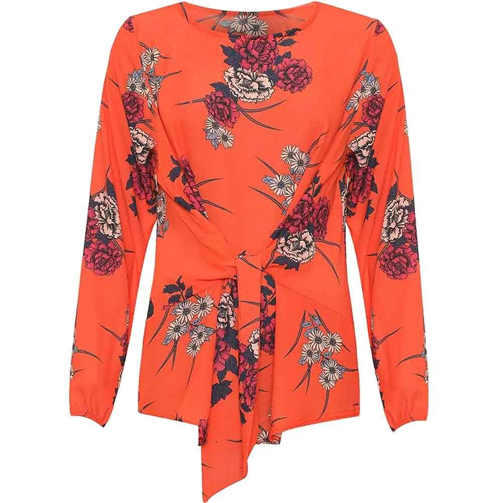 Womens Floral Print Crepe Tied Front Full Sleeve Top Ladies Fancy Wear Blouse UK 14-28