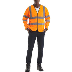 Adults Long Sleeve High Visibility Work Wear Waistcoat Hi Vis V Neck Stripe Vest Top Orange