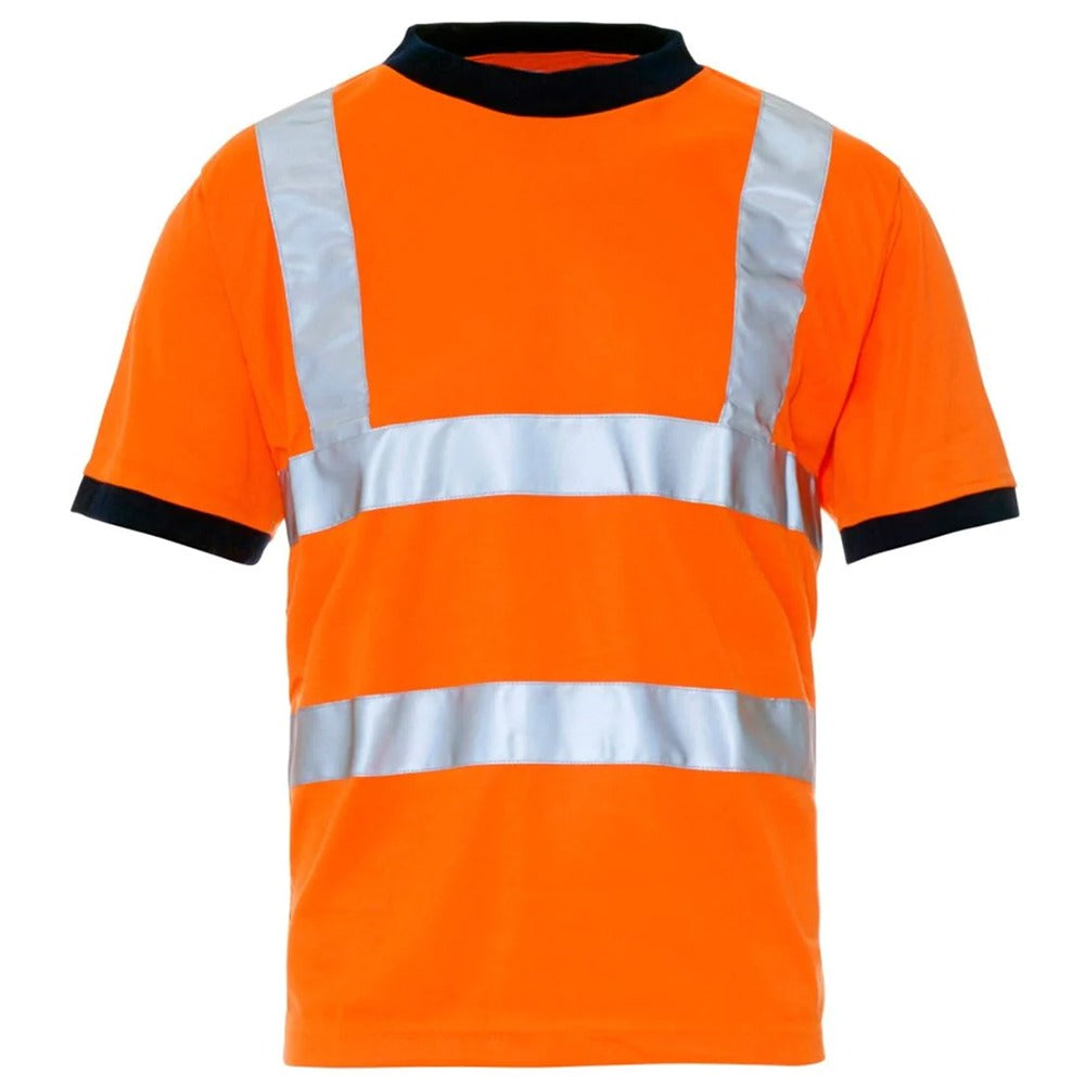 Adults Hi Vis Reflective Short Sleeves T Shirt Mens Plain Breathable Outdoor Top Orange/Navy