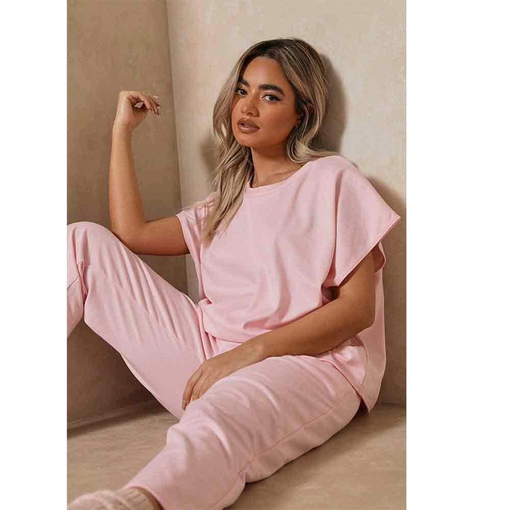 Womens Short Sleeve Two Piece Co ord Loungewear Boxy Tracksuit Set Baby Pink