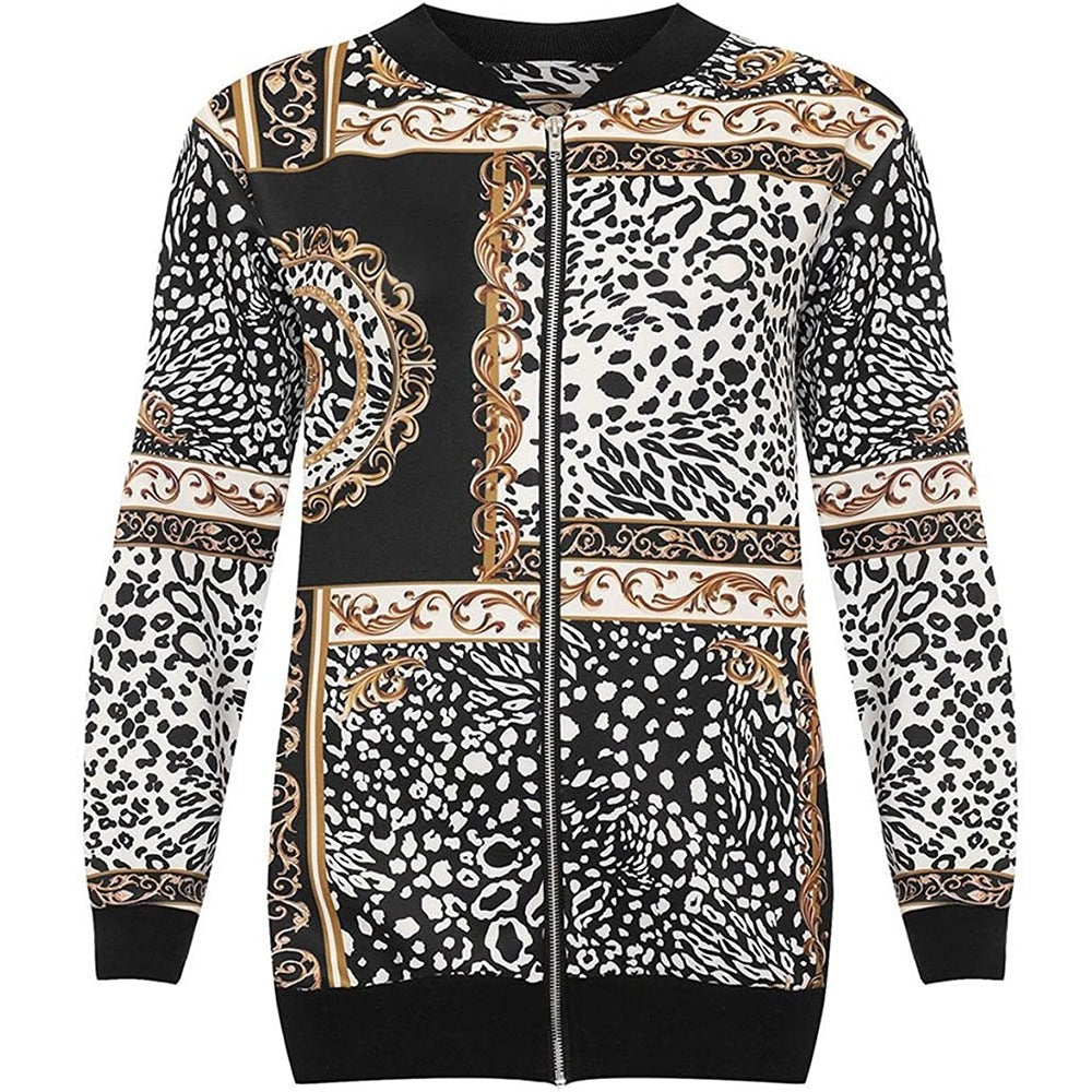Women Baroque Paisley Print Plus Size Coat Ladies Long Sleeve Zipup Bomber Jacket