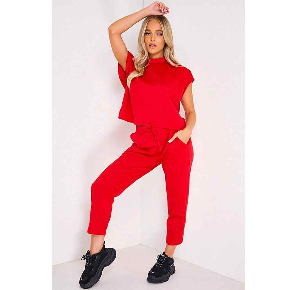 Womens Short Sleeve Two Piece Co ord Loungewear Boxy Tracksuit Set Red