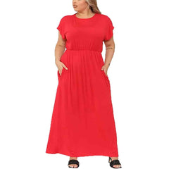Women Plus Size Short Sleeve Long Maxi Dress Ladies Loose Scoop Neck Side Pockets Maxi Dress