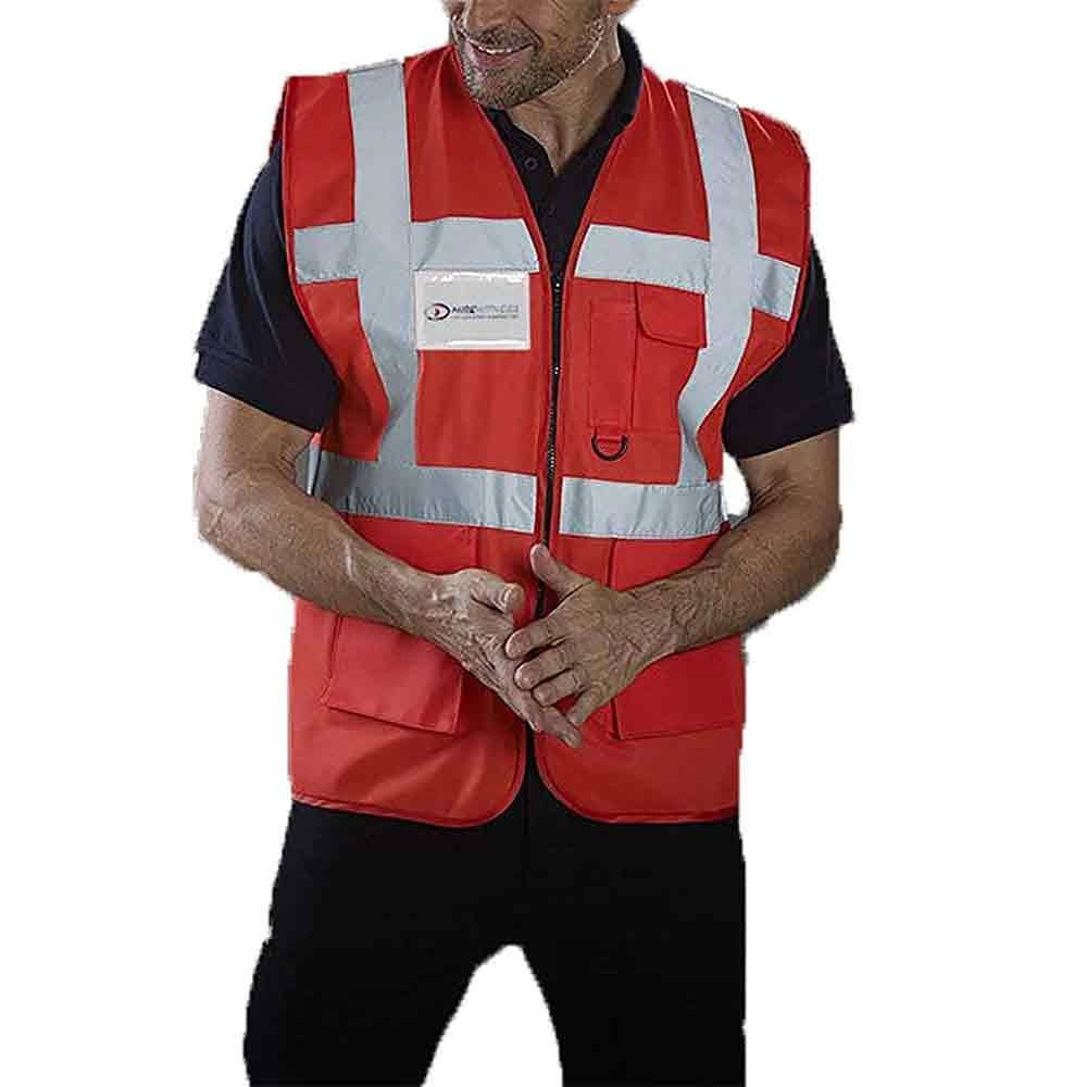 Mens Novelty Hi Visibility Work Wear Multi Functional Executive Vest Adults Reflective Striped Safety Waistcoat Red
