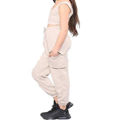 Girls Sleeveless Crop Top Full Length Cargo Joggers Kids Workout Activewear Tracksuit Stone