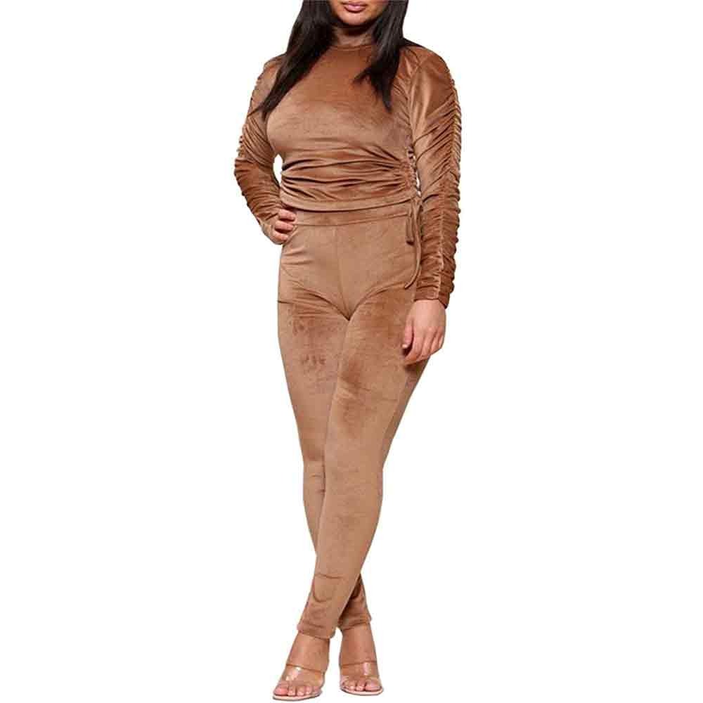 Womens Side Ruched Velour Co Ord Set Tops And Bottoms Loungewear Tracksuits Stone