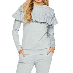 Ladies Long Sleeve Round Neck Frill Ruffle Lounge Wear Tracksuit Silver Grey