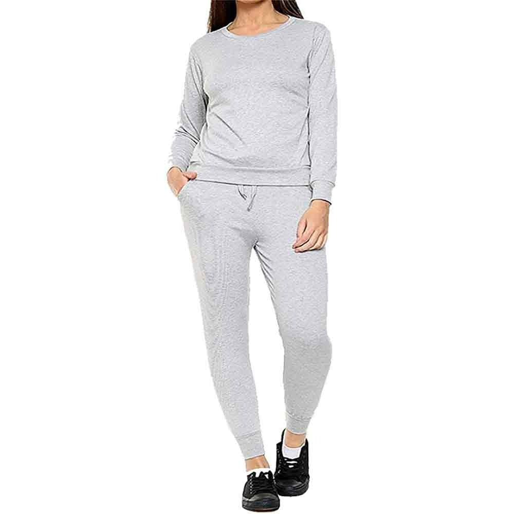 Ladies Round Neck Plain Long Sleeve Running Wear Tracksuit Silver