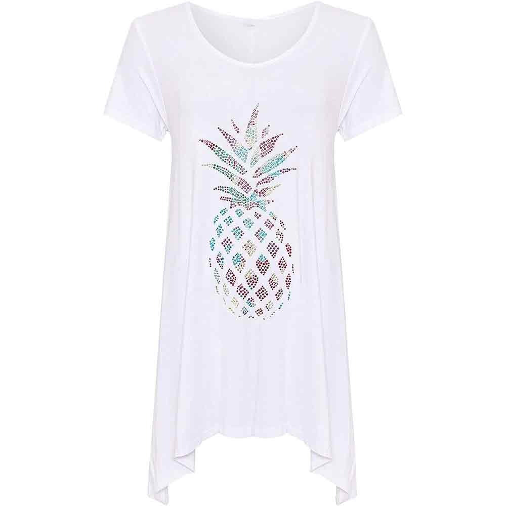 Womens Pineapple Diamante Short Sleeve Hanky Hem Top Tees Ladies Plus Size Shirt UK 14-28