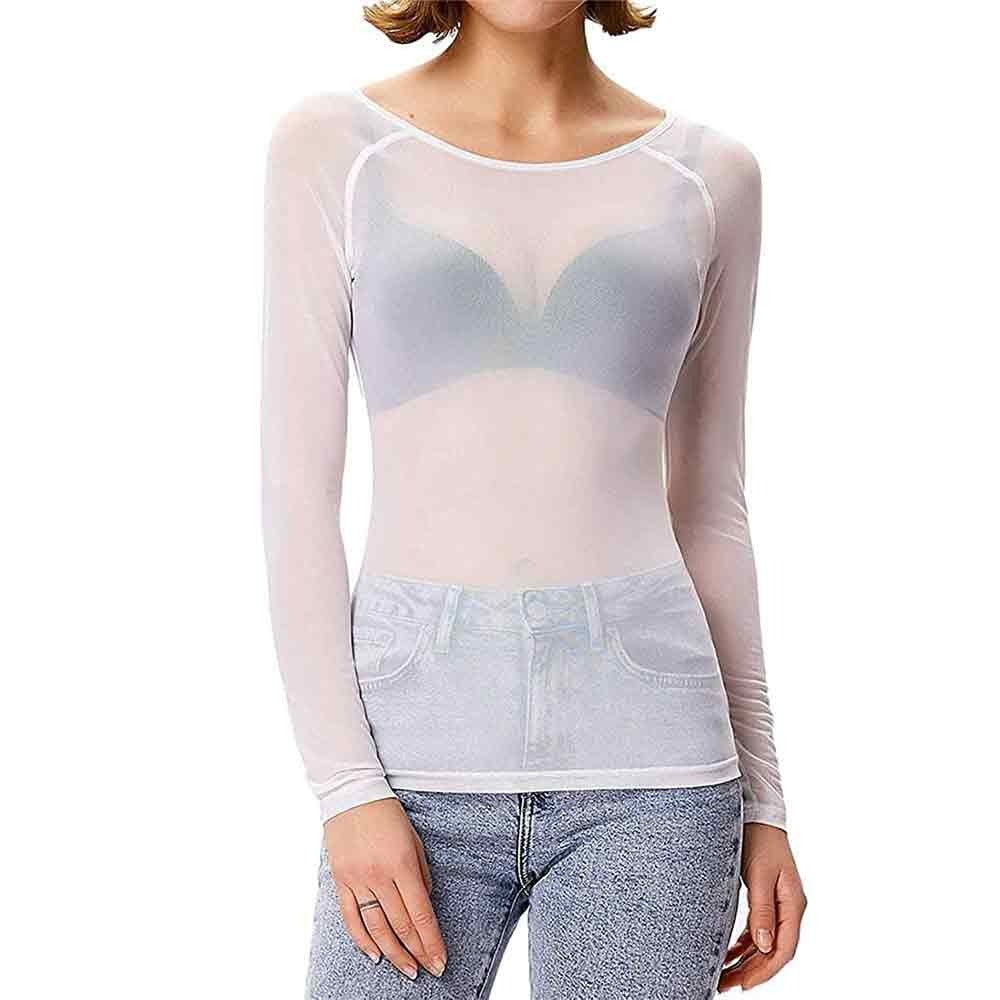 Womens Long Sleeve Sheer Mesh Top Round Neck T Shirt Ladies See Through Sexy Top