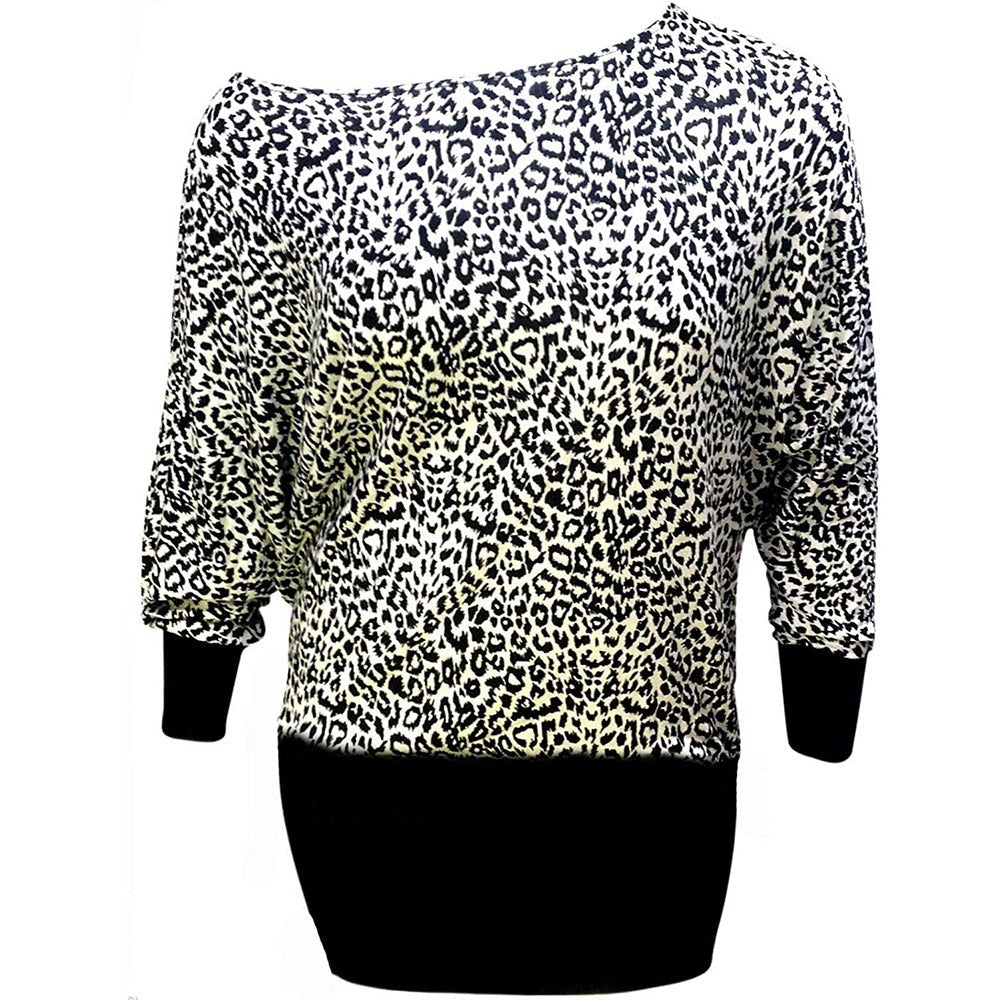 Ladies Womens Long Sleeve Boat Neck White Leopard Long Stretchy Fancy Party Wear Batwing Top