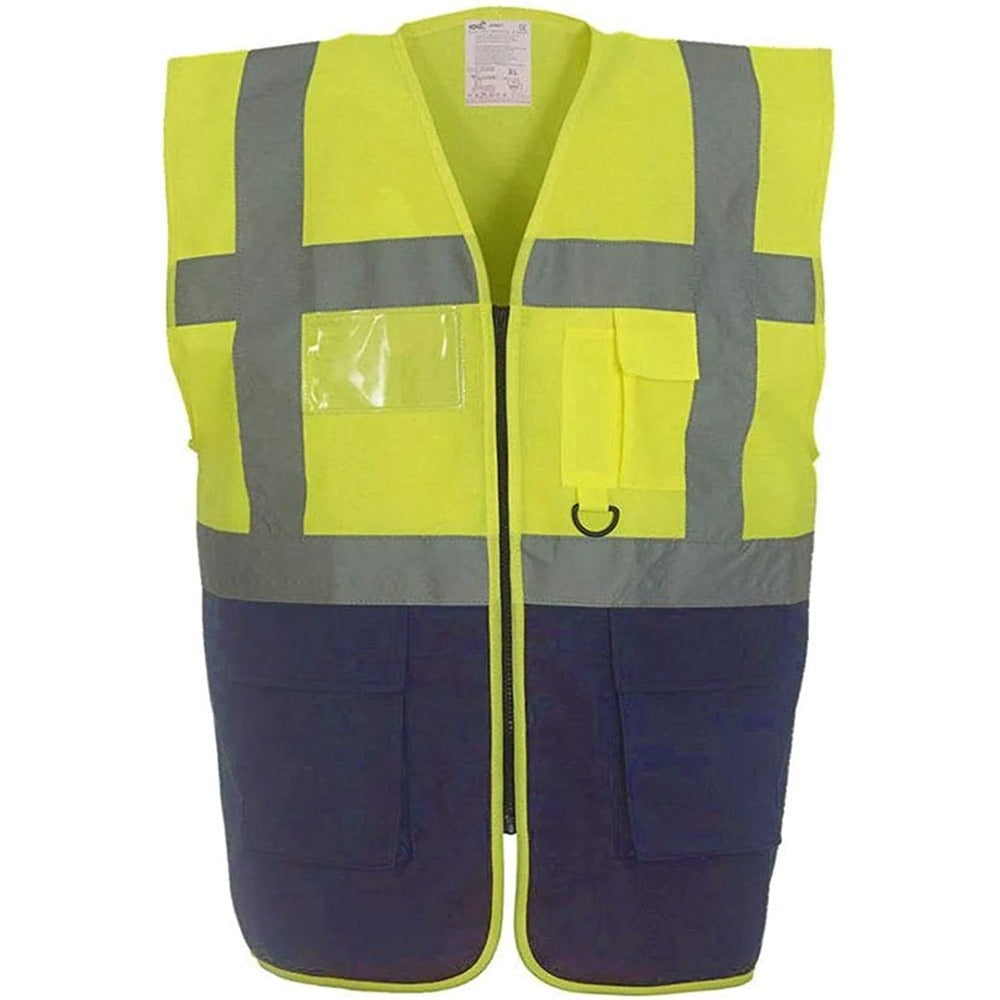 Mens Novelty Hi Visibility Work Wear Multi Functional Executive Vest Adults Reflective Striped Safety Waistcoat Yellow-Navy