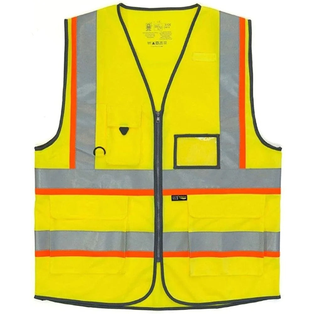 Mens Novelty Hi Viz Work Wear Multi Pocket Zipper Vest Adults Reflective Striped Executive Waistcoat Yellow