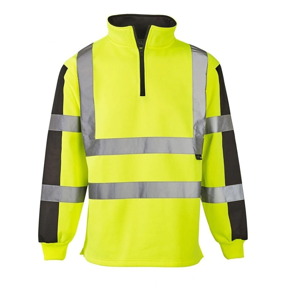 Mens High Visibility Warm 2 Tone Rugby Top Adults Reflective Long Sleeves Shirt Yellow