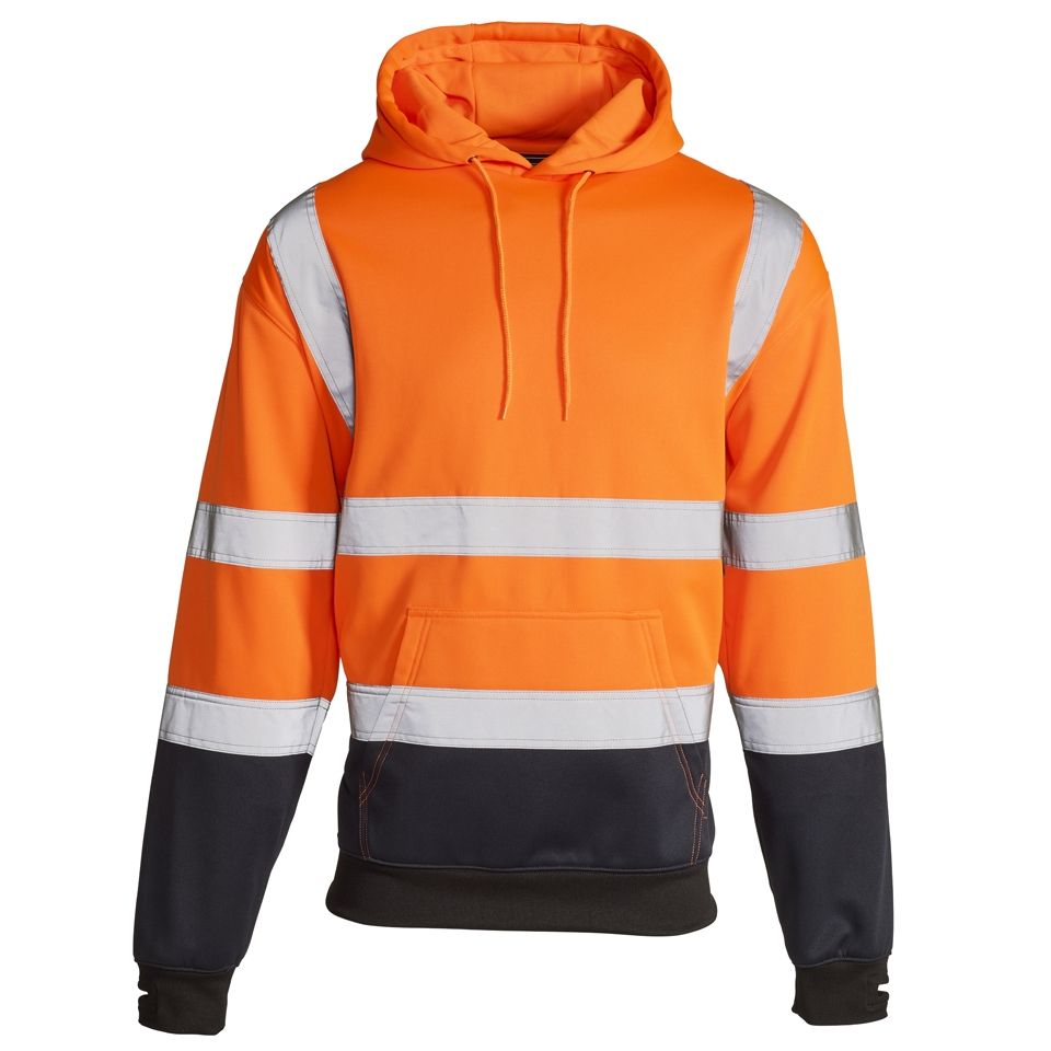 Hi Vis Visibility 2 Tone Pull Over Fleece Hooded Sweatshirt Orange with Navy