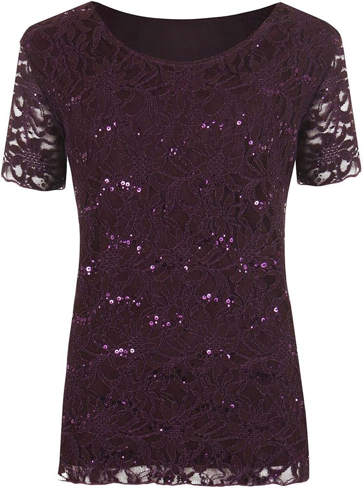 Ladies Sequin Lace Floral Lined Top Women Short Sleeve Fancy Party Crochet Shirt